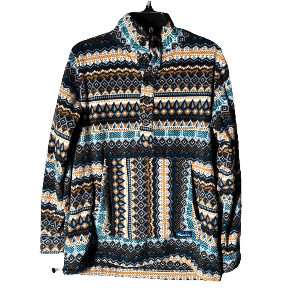 Kavu Pullover Womens Medium Fleece Blue + Tan Aztec Claremore Pattern
